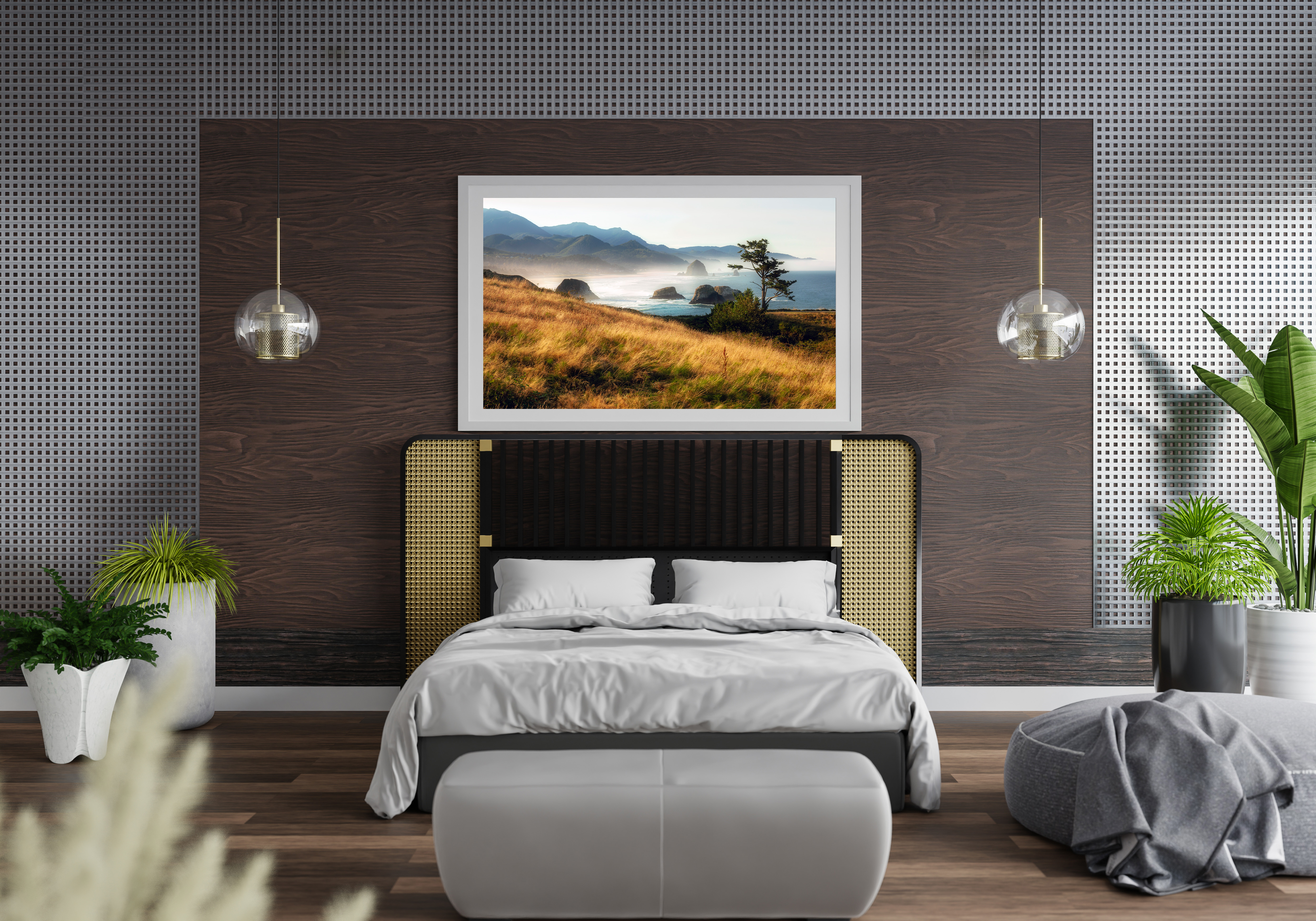 Modern dark bedroom with framed coastal Oregon landscape by Dan Sproul — white frame above bed